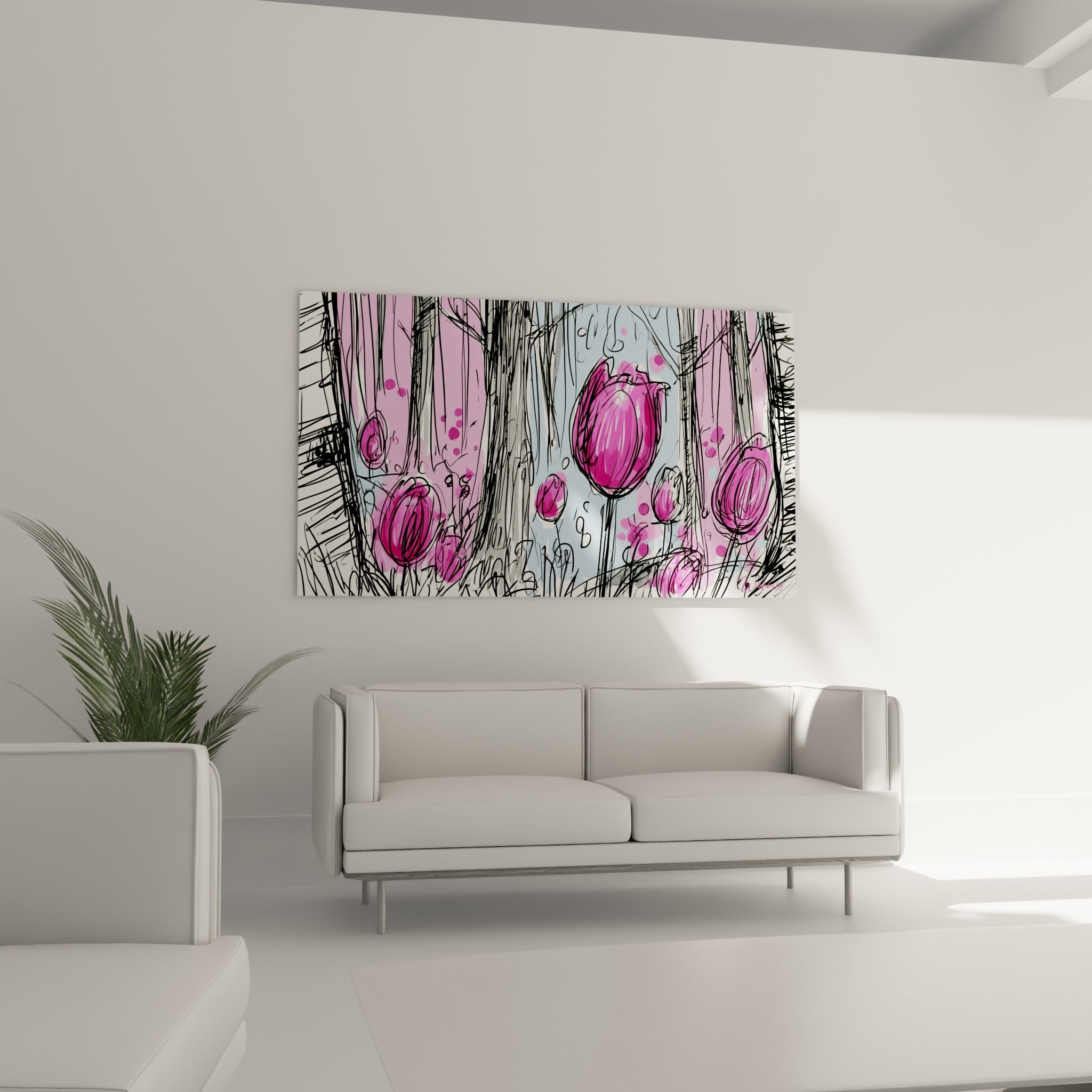 Forêt stylisée de tulipes fuchsia et traits noirs, disposée au-dessus d'un canapé dans un salon lumineux