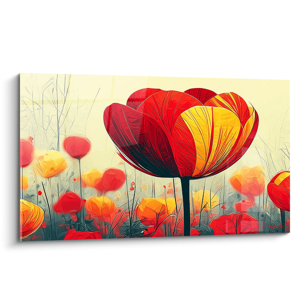 Gemälde Rote und gelbe Tulpe inmitten hoher Gräser - Vegetative Silhouette im Hintergrund - Edition Tulpe
