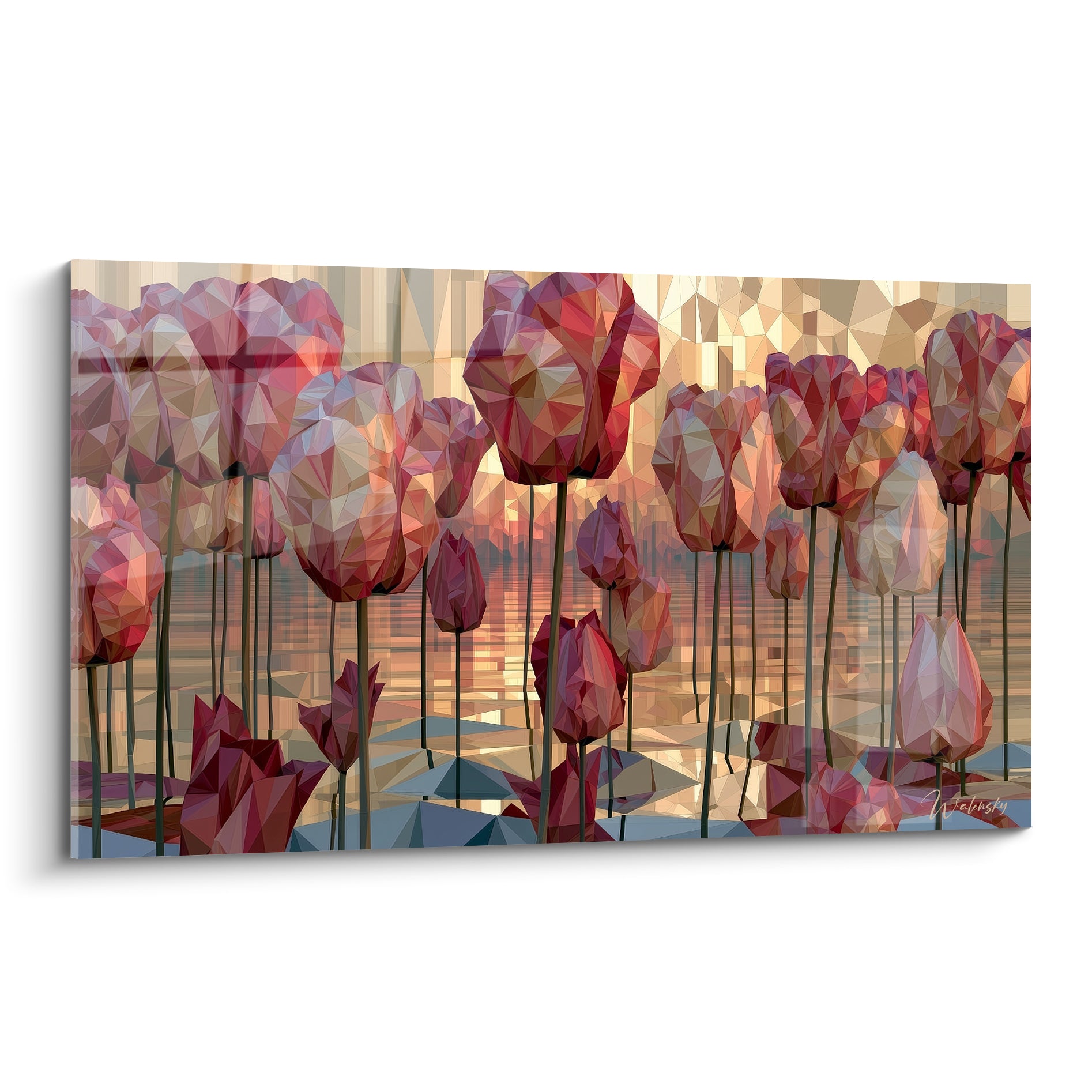 Tulipes en polygones rose poudré et doré se dressent sur fond de reflets bleu ardoise