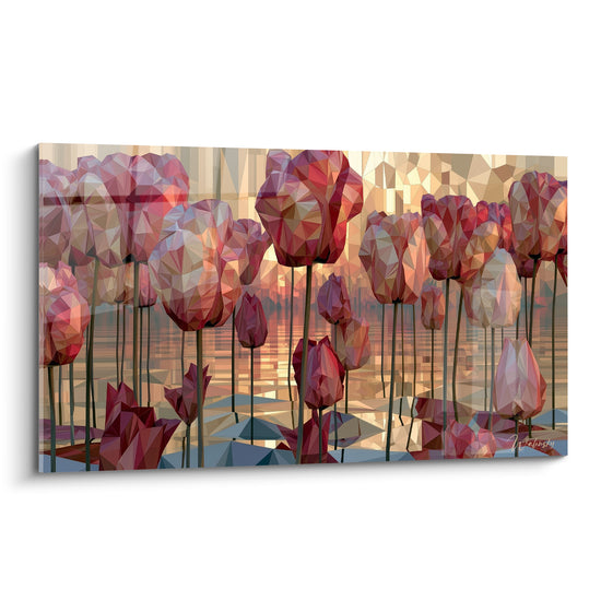 Tulipes en polygones rose poudré et doré se dressent sur fond de reflets bleu ardoise