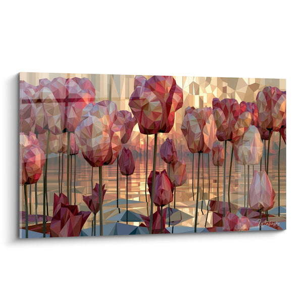 Tableau Tulipes rouges et beiges aux facettes cristallines - Reflet géométrique doré - Edition Tulipe