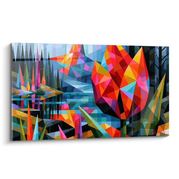 Tableau Tulipe géométrique rouge et bleu près d'un lac - Éclat cristallin - Edition Tulipe