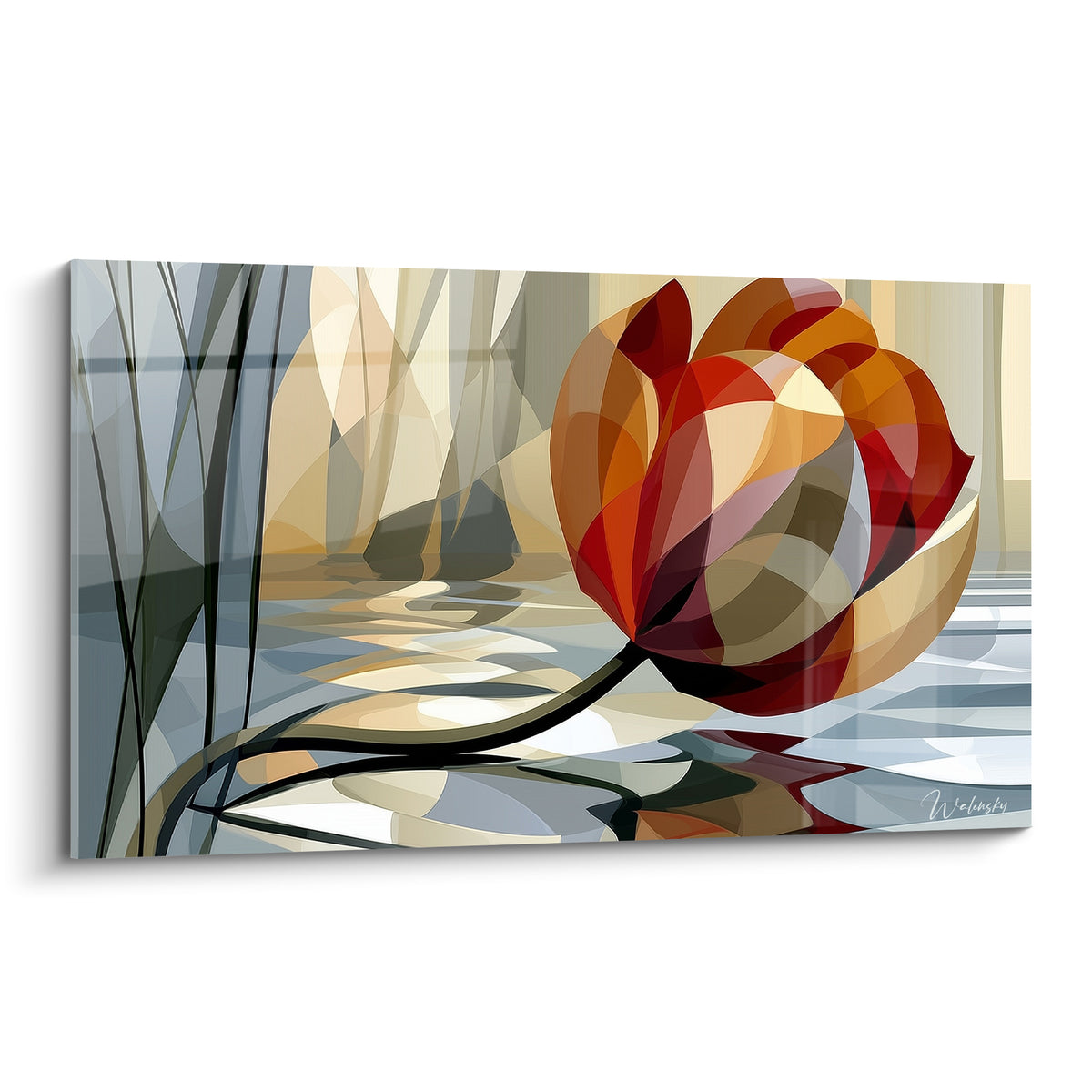 Tulipe fragmentée rouge et ocre à la tige noire courbée, style géométrique sur fond gris anthracite