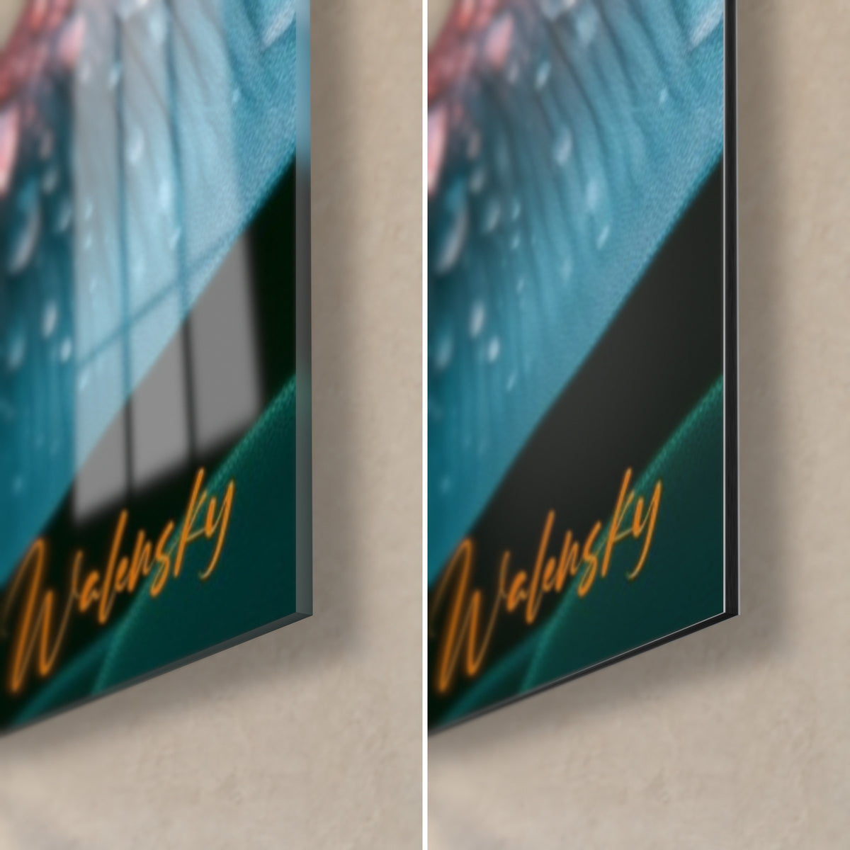 Wall art of a pink and turquoise flower head, bottom right corner, orange signature, glossy glass on the left and matte Dibond on the right