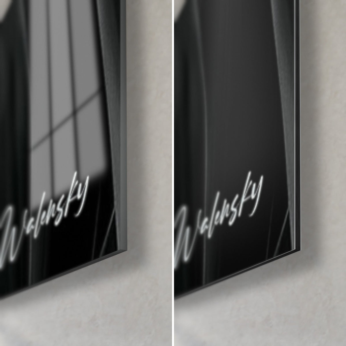 Schilderij monochrome bloem, rechtsonder: glanzend glas met raamreflecties, mat zwart Dibond, rand van 3 mm