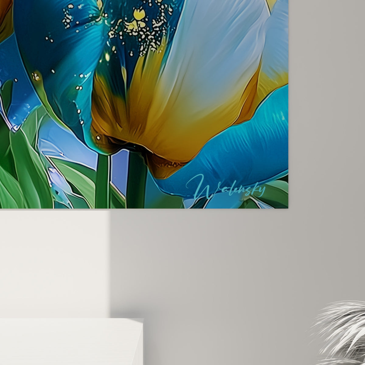 Grain fin de la toile révélant les touches ambrées, dorées et bleu turquoise des pétales de tulipes