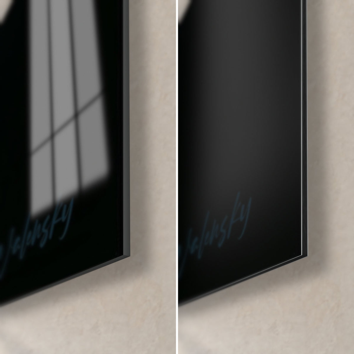 Tableau tulipe ivoire et rose, coin bas droit : verre acrylique brillant aux reflets de fenêtre, alu Dibond noir mat, tranche 3 mm