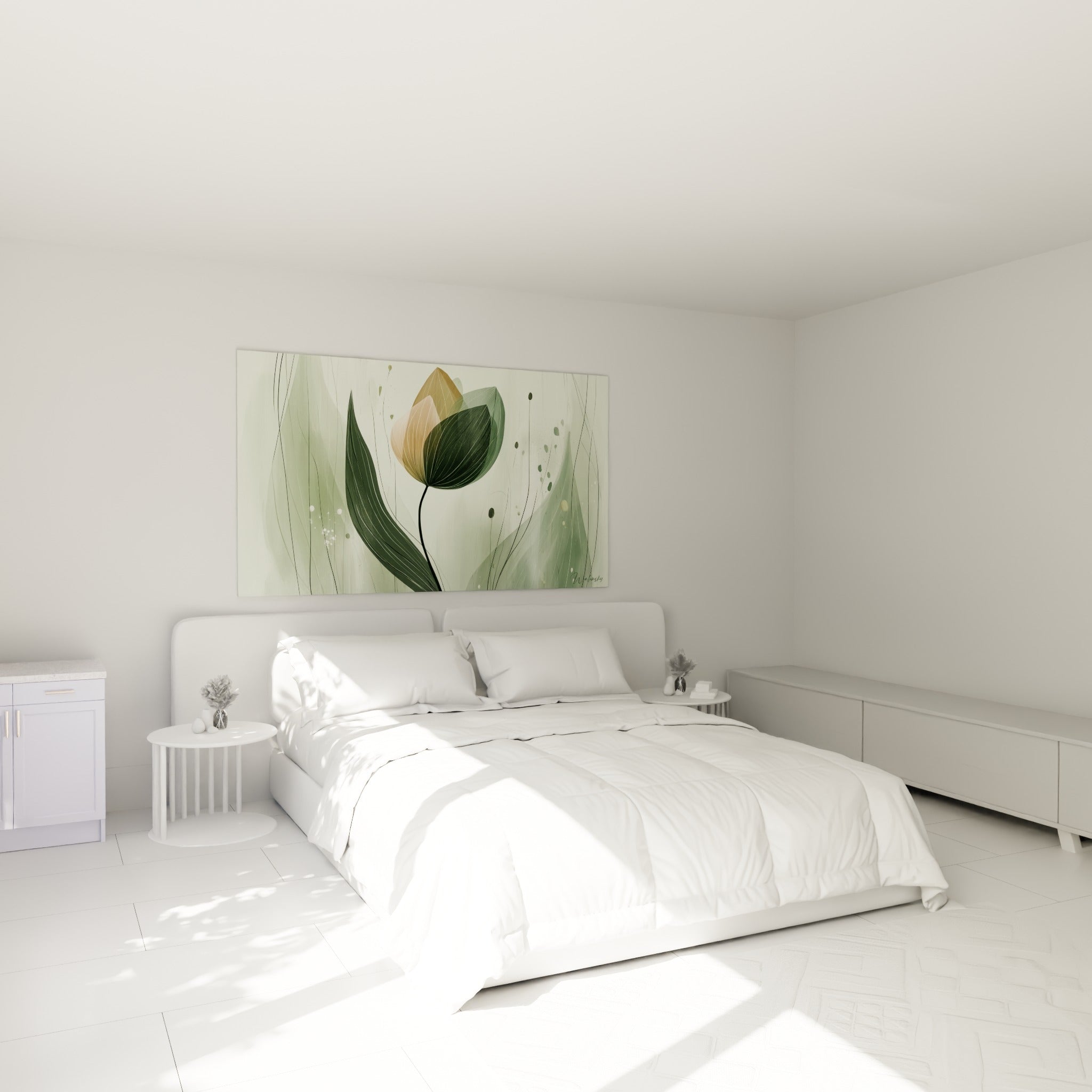 Tulipe graphique vert anthracite et ocre accrochée au-dessus d'un lit dans une chambre claire
