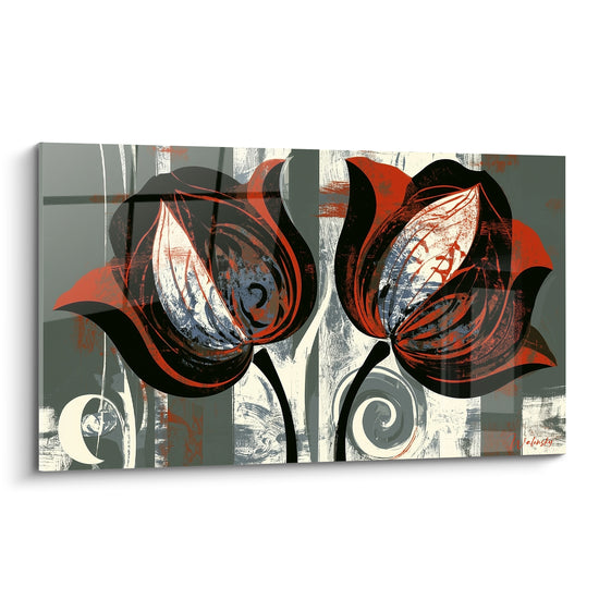 Tulipes noires et terracotta aux pétales graphiques, fond gris rayé, style pochoir expressif