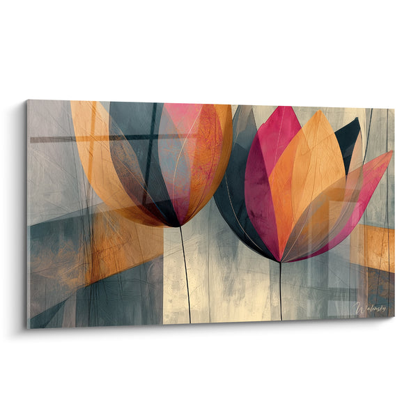 Tableau Tulipes orange et magenta aux pétales translucides - Blocs géométriques gris - Edition Tulipe