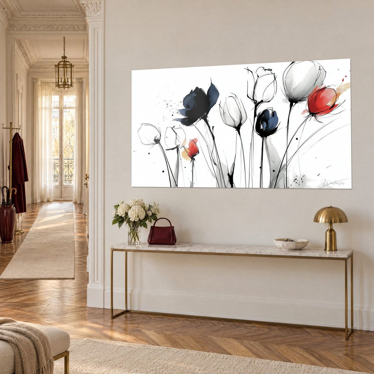 Wall art with a floral sketch of midnight blue and carmine red blooms, fine ink lines, hung above a gilded console in the entrance hall