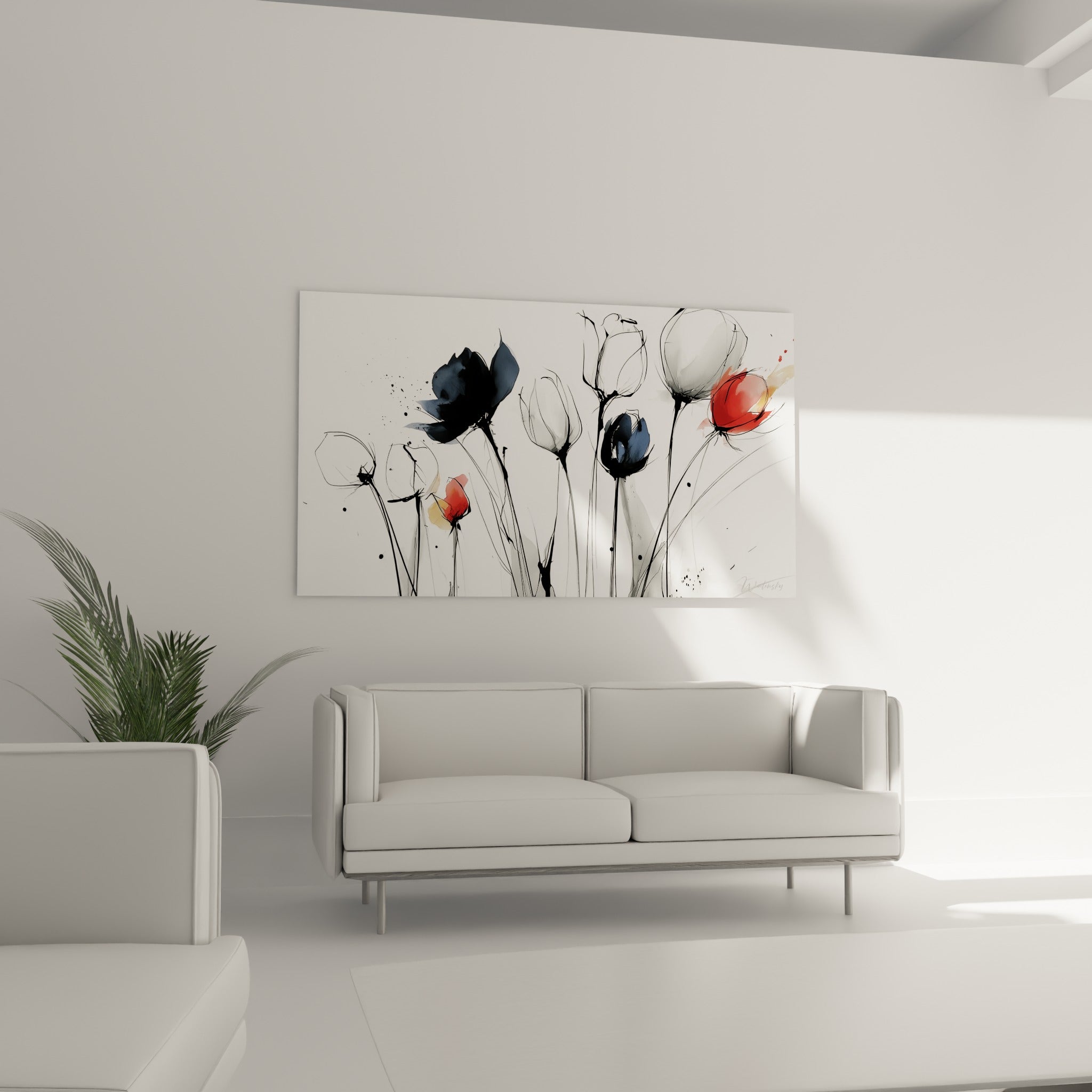 Bouquet graphique aux pétales anthracite et rouges, suspendu au-dessus d'un canapé dans un salon lumineux