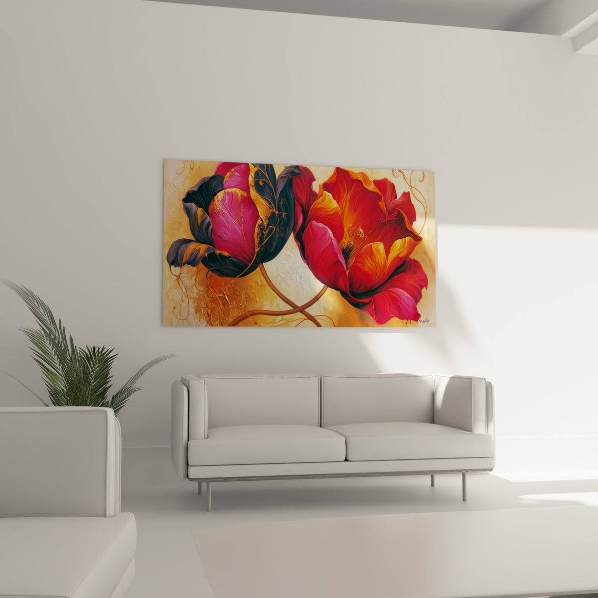 Fleurs de tulipe rouge grenat et pourpre anthracite aux nervures dorées, au-dessus d'un canapé dans un salon lumineux
