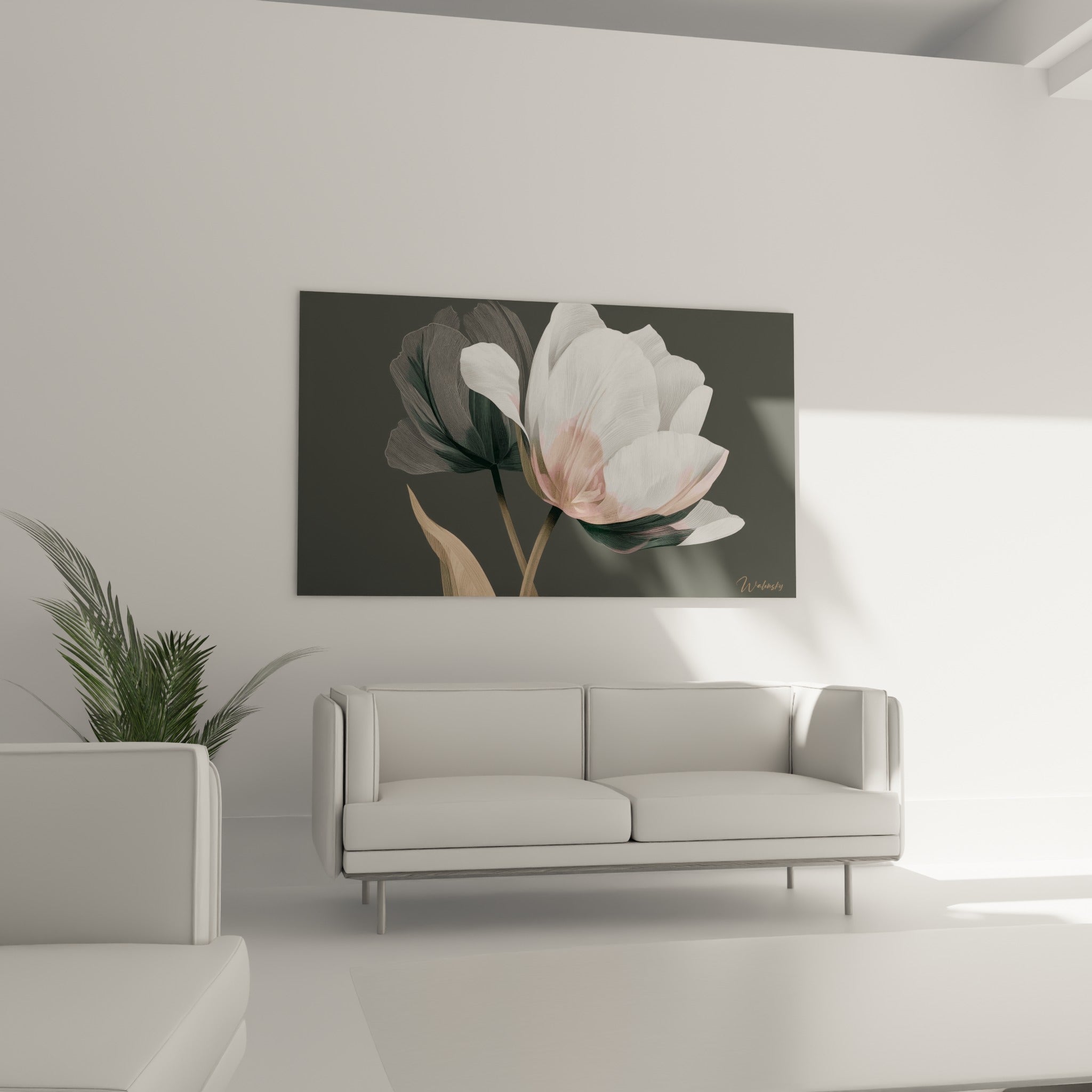 Tulipe grise et blanche aux pétales superposés, disposée au-dessus d'un canapé dans un salon lumineux