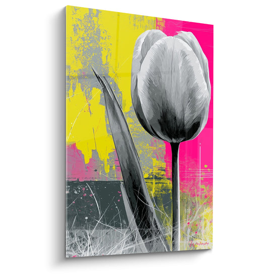 Tableau Tulipe grise en noir et blanc fond jaune et rose - Herbes filiformes en surimpression - Edition Tulipe