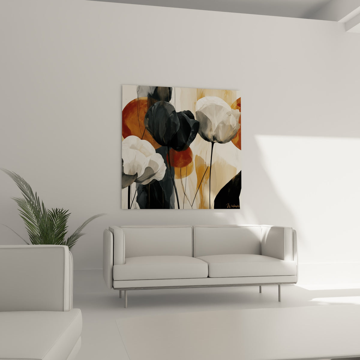 Pétales anthracite et blancs de tulipes se déploient au-dessus d'un canapé dans un salon lumineux