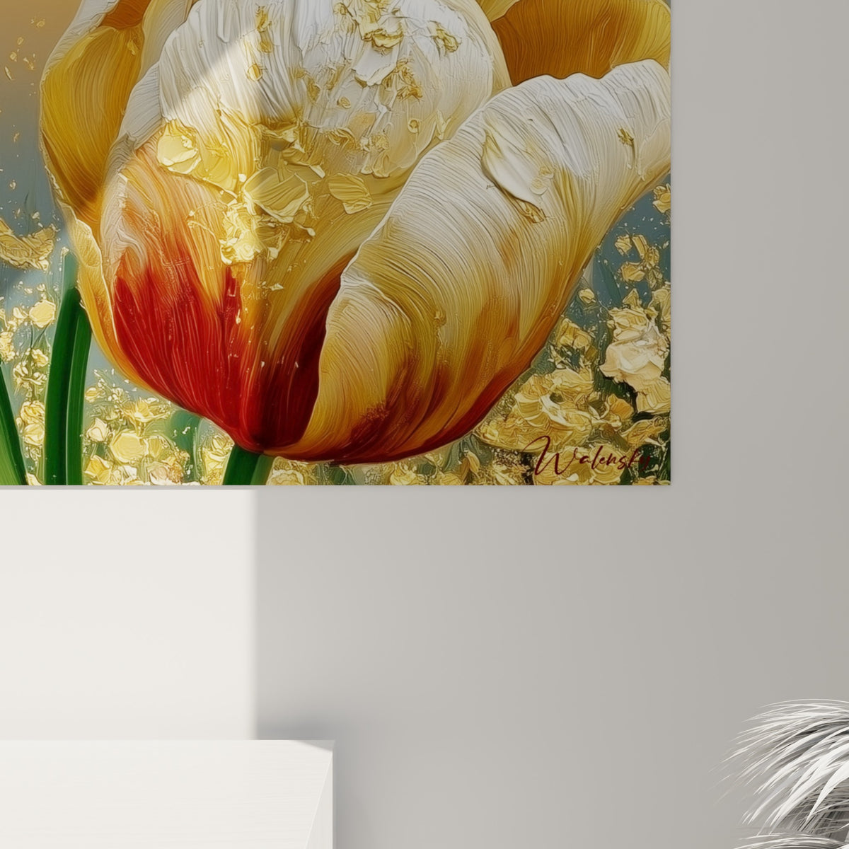 Empâtements dorés et blancs sur les pétales de tulipes, coulures bordeaux visibles de près sur la toile.