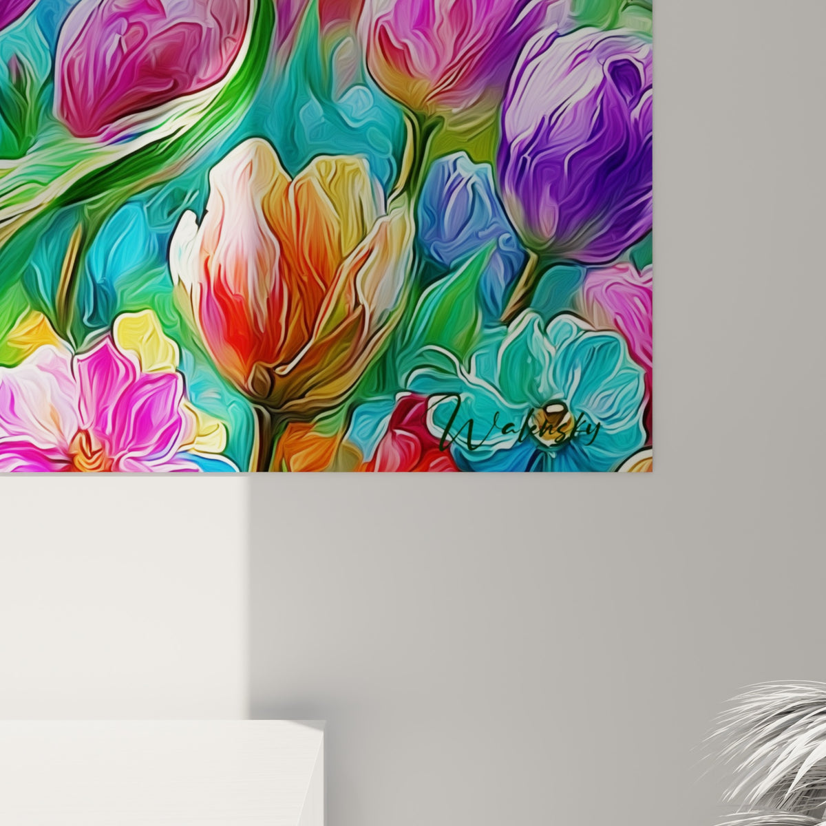 Pétales de tulipe turquoise et violet fusionnant en coulures denses, grain visible de la peinture épaisse