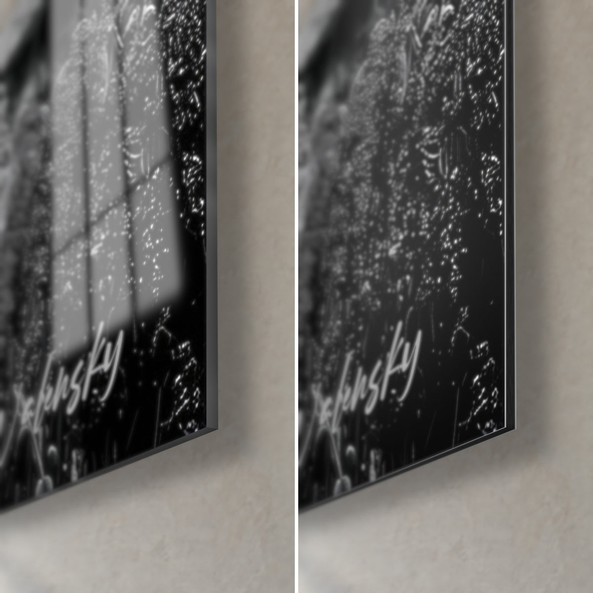 Tableau corolle blanche et herbes noires, coin bas droit: verre acrylique brillant à gauche, alu Dibond mat à droite, tranche de 3 mm