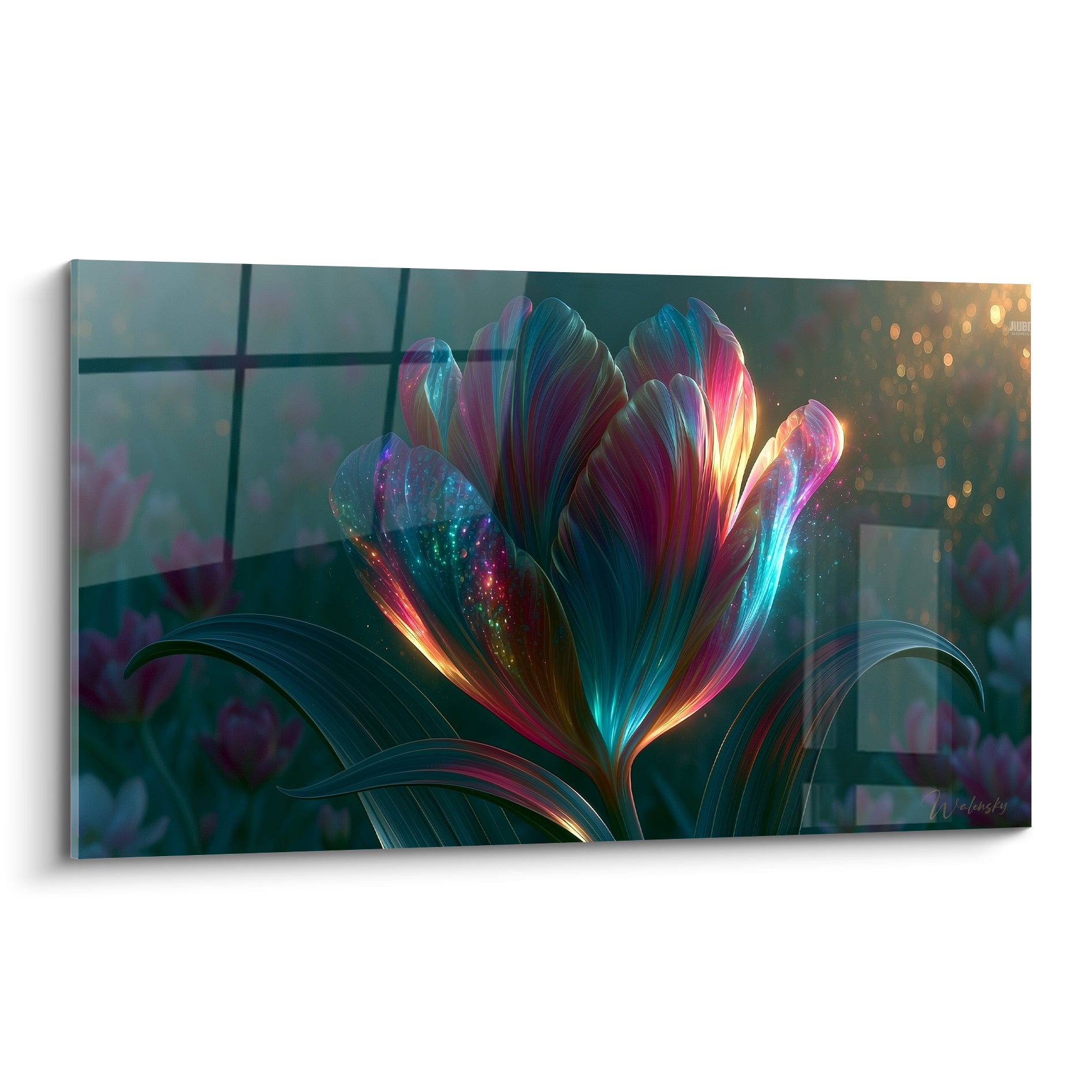 Tulipe irisée aux pétales rose fuchsia et turquoise, filaments lumineux dorés sur fond anthracite
