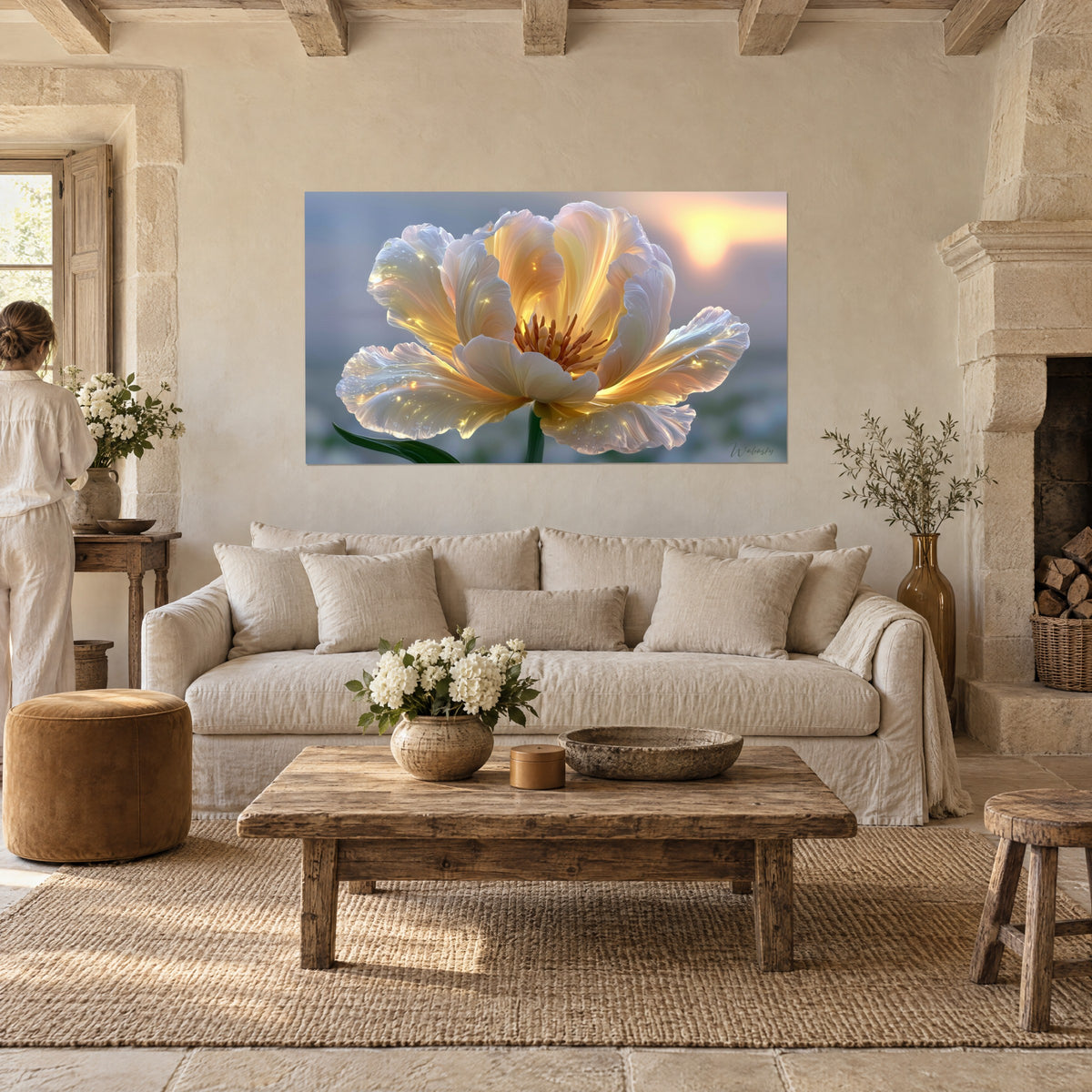 Wall art pearly tulip with cream and gold petals, sparkling droplets, seen from behind, above a sofa in a bright living room