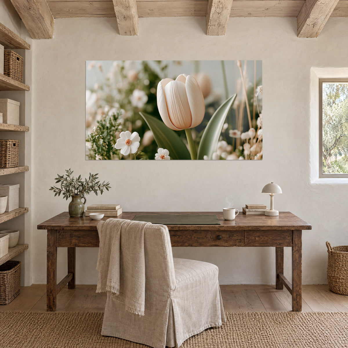 Tableau tulipe ivoire fermée sur tige verte, entourée de marguerites blanches, au-dessus d'un bureau en bois dans une maison de campagne