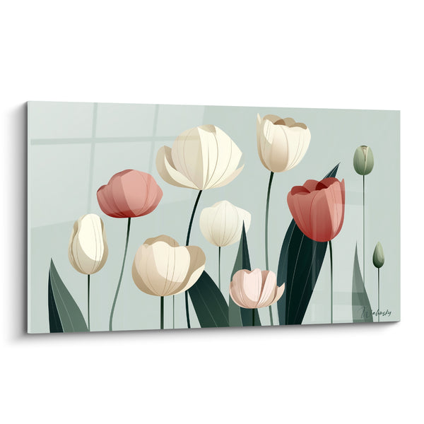 Tableau Tulipes blanches et corail aux tiges dressées - Bourgeons verts fermés - Edition Tulipe