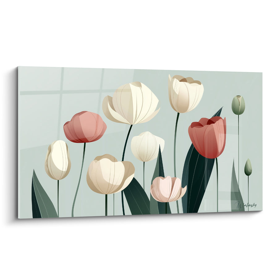 Tableau Tulipes blanches et corail aux tiges dressées - Bourgeons verts fermés - Edition Tulipe