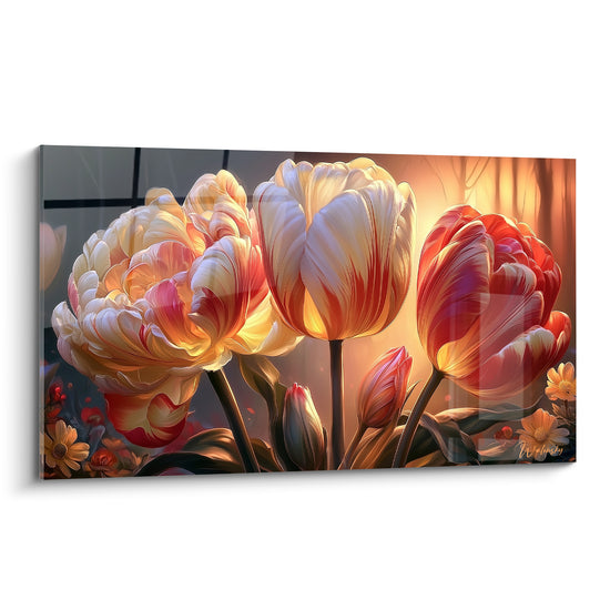 Tulipes ivoire et corail striées de rouge, illuminées par une lumière dorée traversante