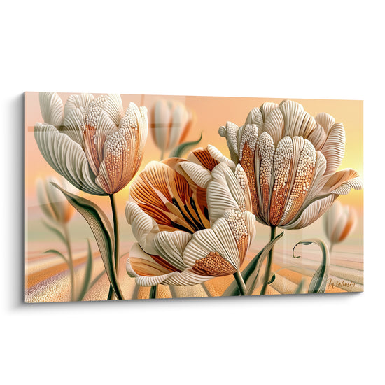 Tulipes ivoire et ocre aux pétales perlés, gros bouquet peint dans une lumière dorée