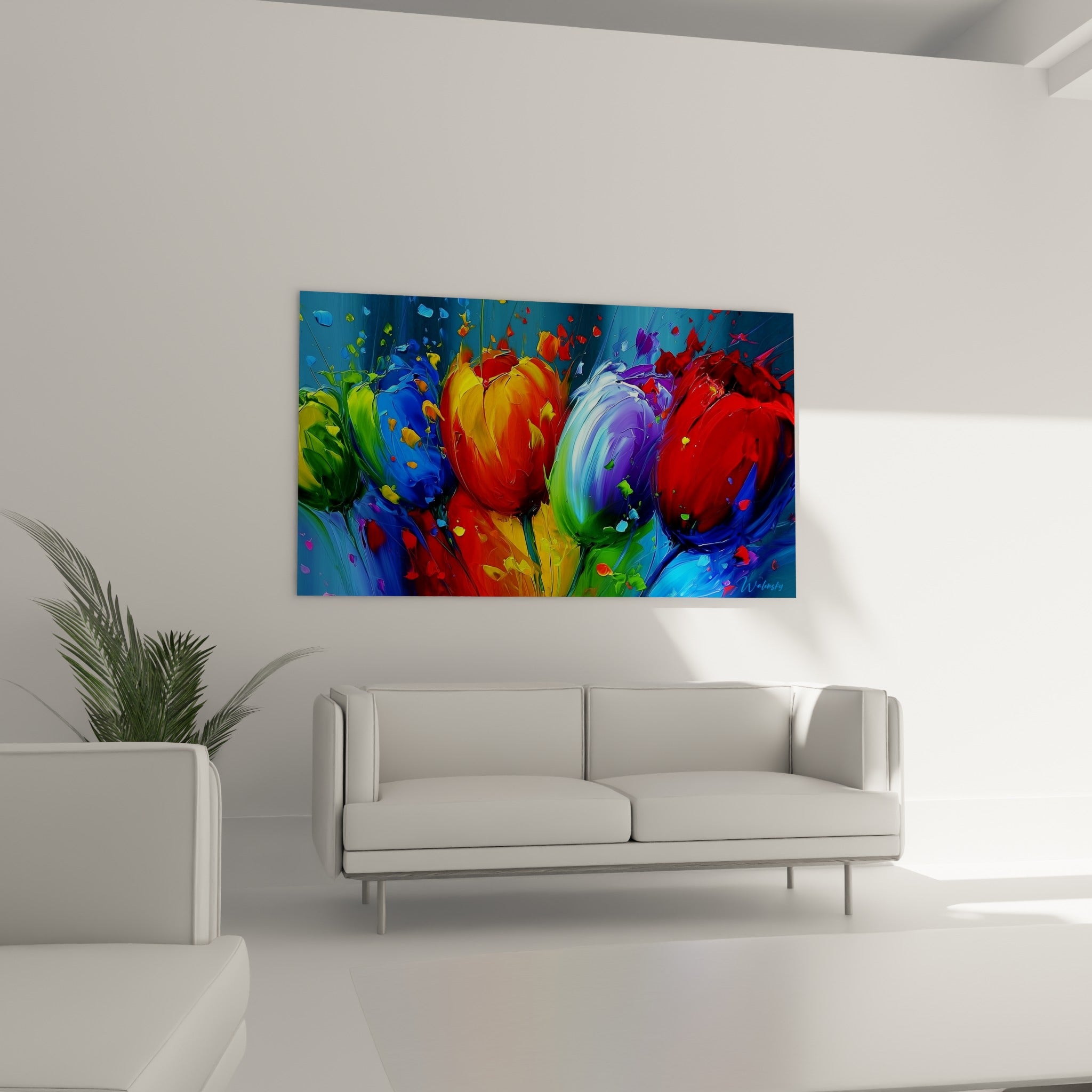 Fleurs de tulipes jaunes et bleu cobalt aux coups de pinceau visibles, au-dessus d'un canapé dans un salon lumineux