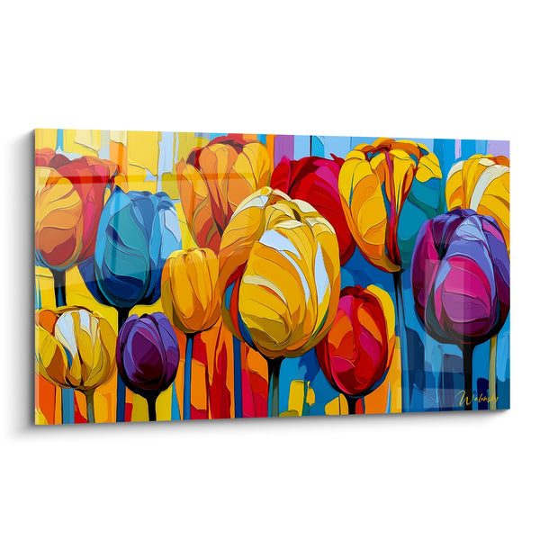 Tableau Tulipes jaunes et bleues aux tiges noires serrées - Rangée de pétales peints - Edition Tulipe