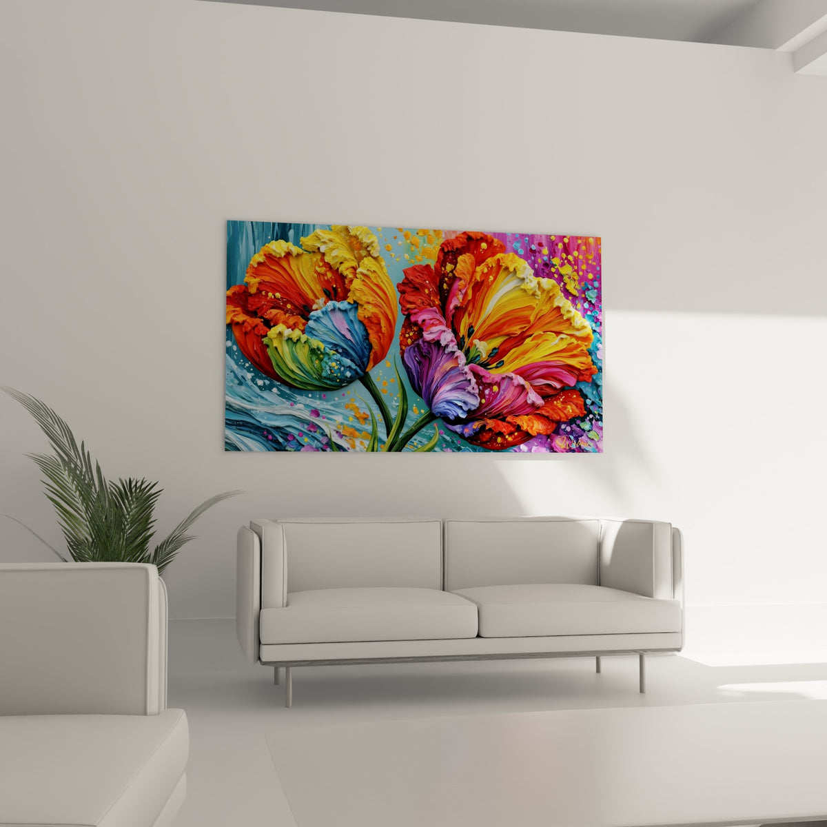 Pétales tulipe jaune et bleu turquoise sculptés au couteau au-dessus d'un canapé dans un salon lumineux