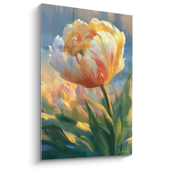 Tableau Tulipe jaune et corail aux pétales bouffants - Empâtements de peinture épais - Edition Tulipe