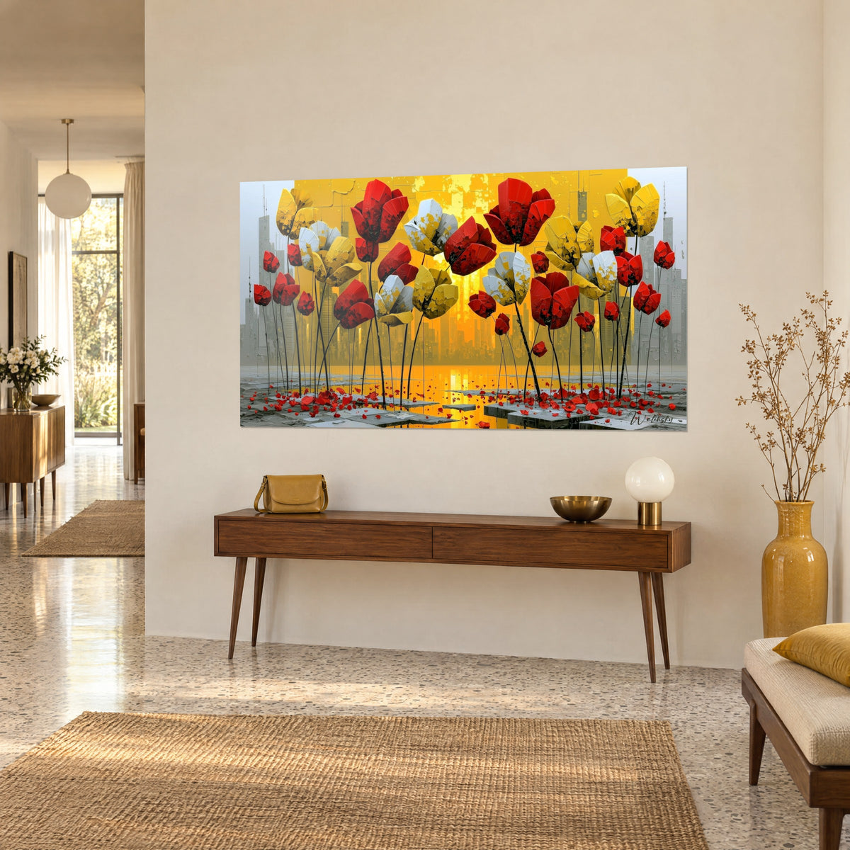Tableau fleurs rouges aux tiges noires et pétales tombés sur l'eau jaune, posé au-dessus d'une console en bois, vue de trois-quarts