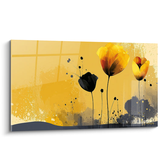 Tulipes jaunes et noires dressées sur fond doré éclaboussé de touches ocre et anthracite