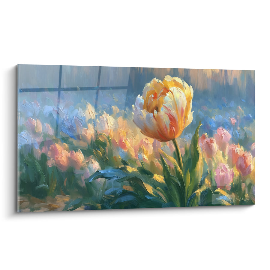 Tableau Tulipe jaune et rose en champ fleuri - Lumière printanière - Edition Tulipe