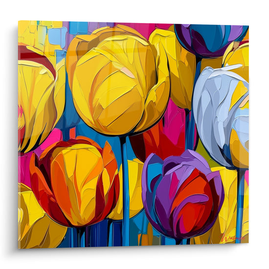Tulipes jaunes et pourpres aux pétales texturés, corolles denses sur fond bleu marine et fuchsia vif