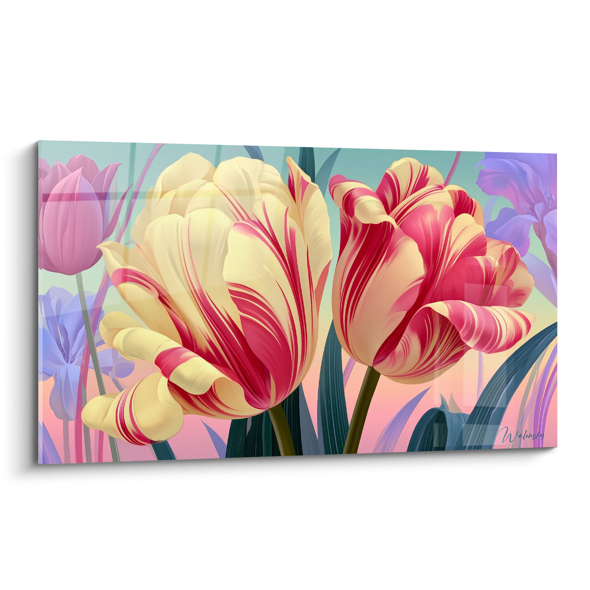 Tulipes jaune et rose aux pétales striés sur fond turquoise dégradé, composition florale raffinée.