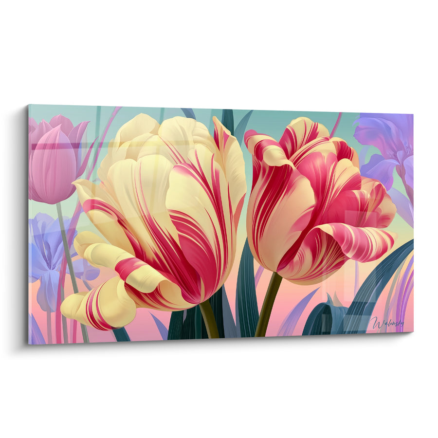 Tableau Tulipes crème et rose striées de fuchsia - Duo de pivoines florales - Edition Tulipe