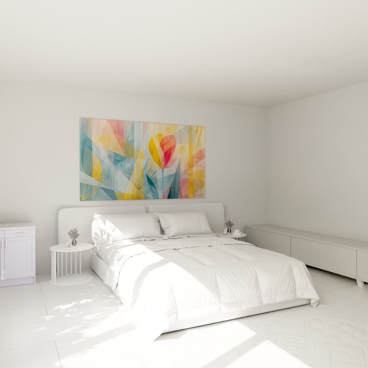 Fleur de tulipe corail aux pétales translucides accrochée au-dessus d'un lit dans une chambre claire