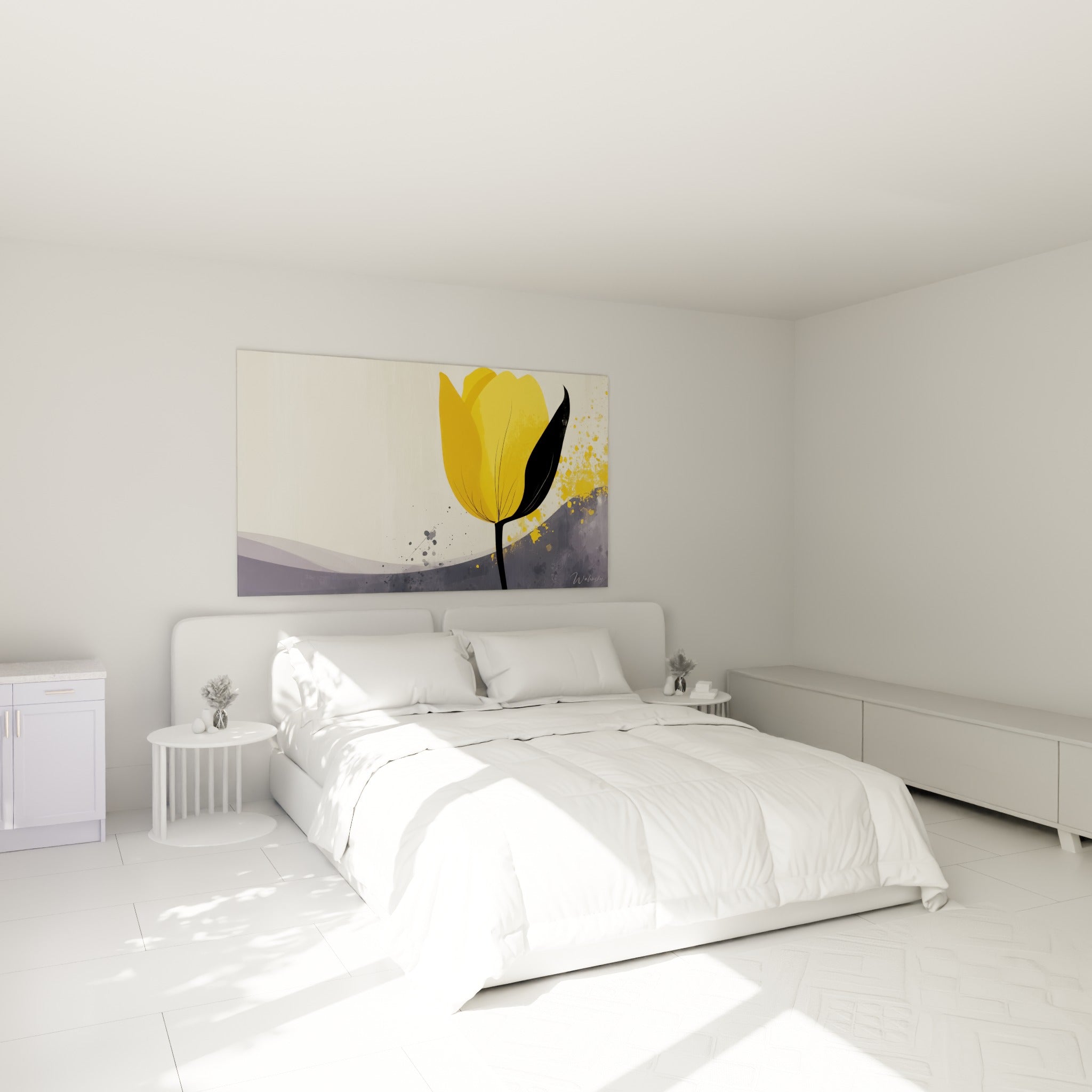 Tulipe jaune vif à tige noire et éclaboussures grises, accrochée au-dessus d'un lit dans une chambre claire