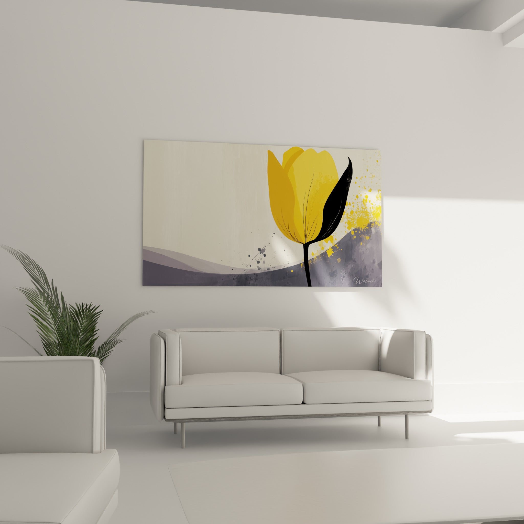 Fleur jaune safran contrastant avec une vague anthracite, positionnée au-dessus d'un canapé dans un salon lumineux