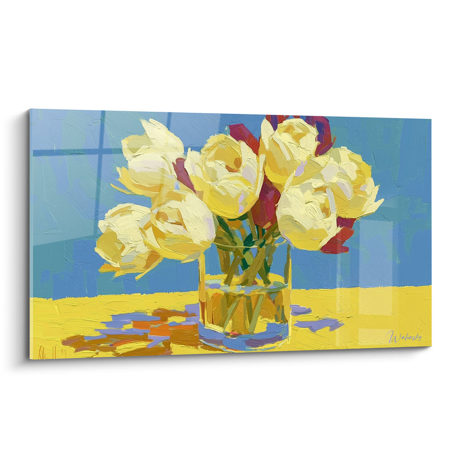 Tableau Tulipes jaunes vase en verre lumineux - Lumière de printemps - Edition Tulipe