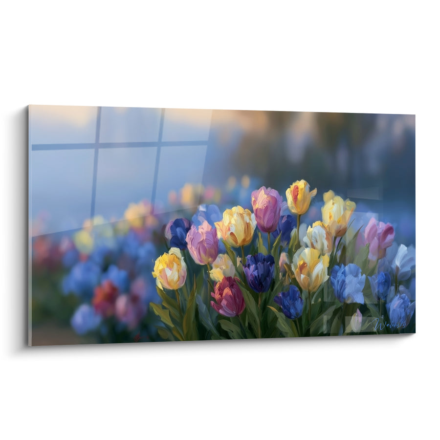 Tableau Tulipes jaunes et violettes devant fenêtre embrumée - Champ flouté en fond - Edition Tulipe