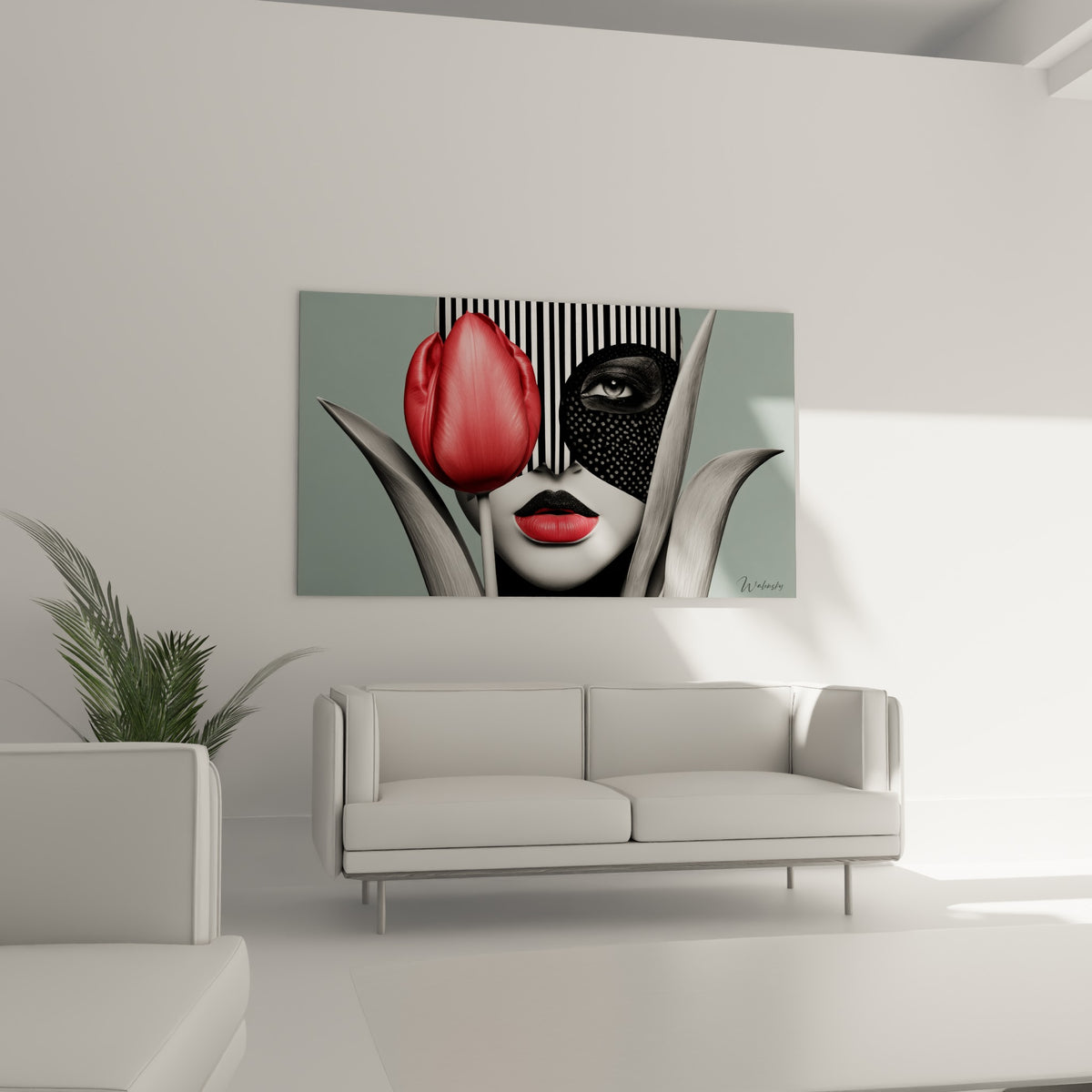 Lèvres rouge corail et œil intense se détachent du noir et blanc au-dessus d'un canapé dans un salon lumineux