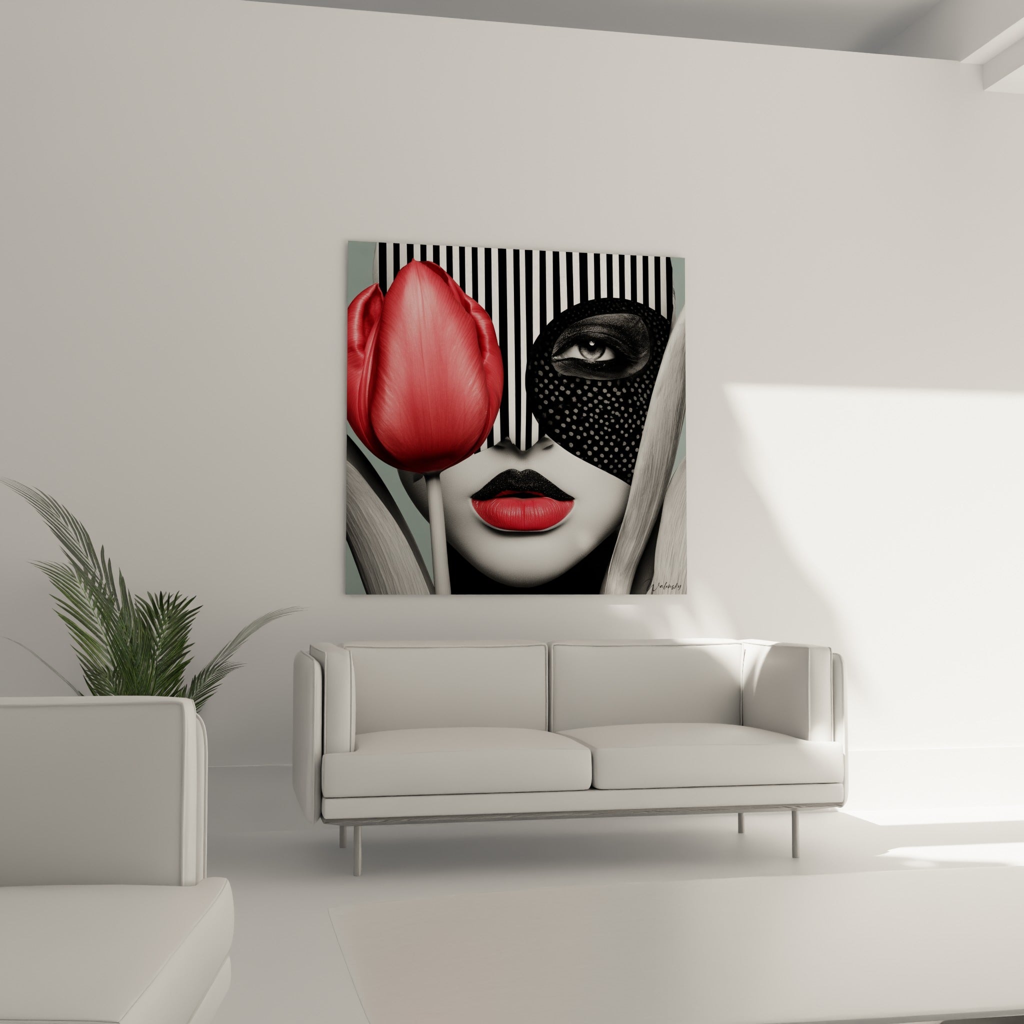 Lèvres rouge corail et masque pointillé noir surplombant un canapé dans un salon lumineux.