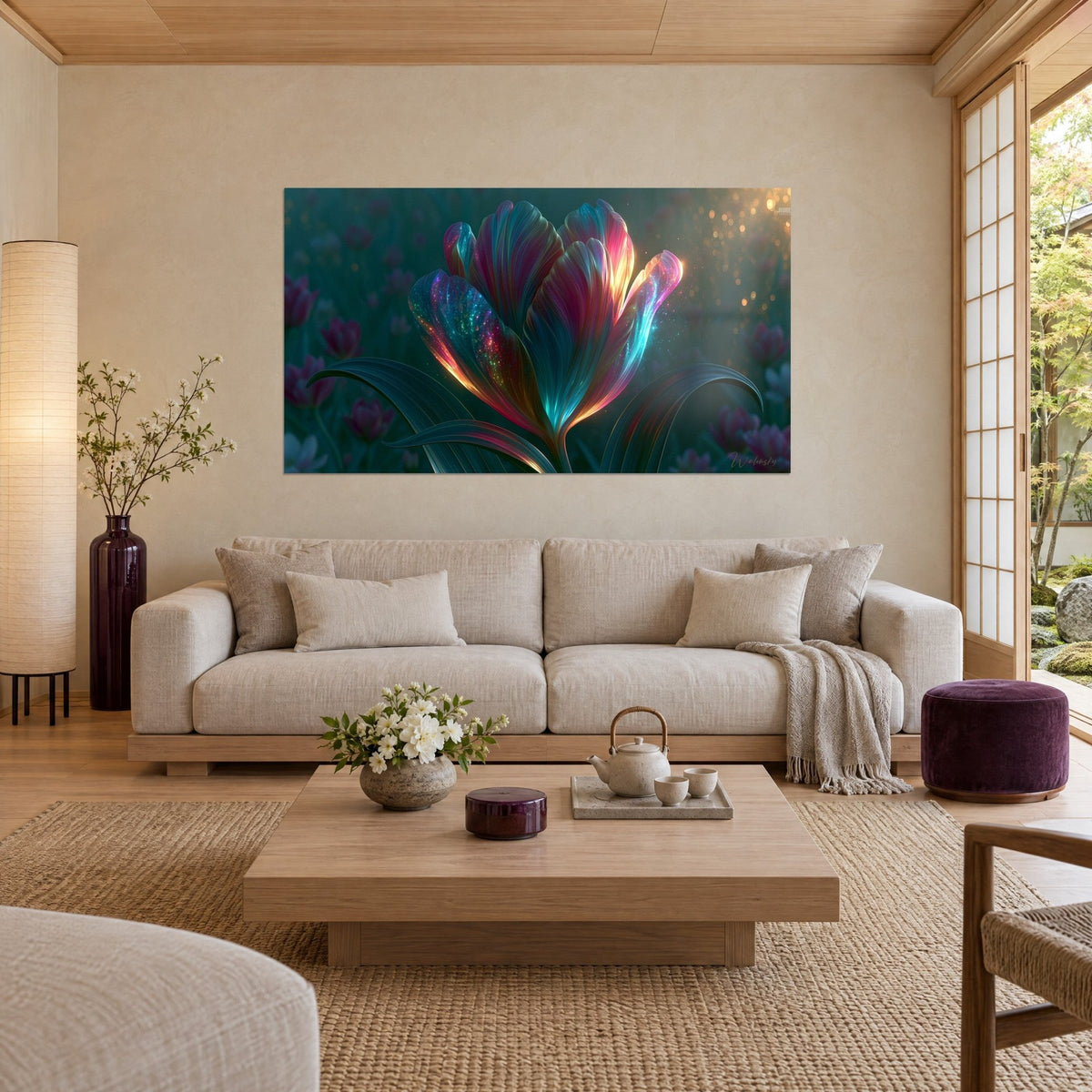 Tableau tulipe irisée aux pétales rose et turquoise, reflets dorés, fond vert sombre, au-dessus d'un canapé dans un salon lumineux