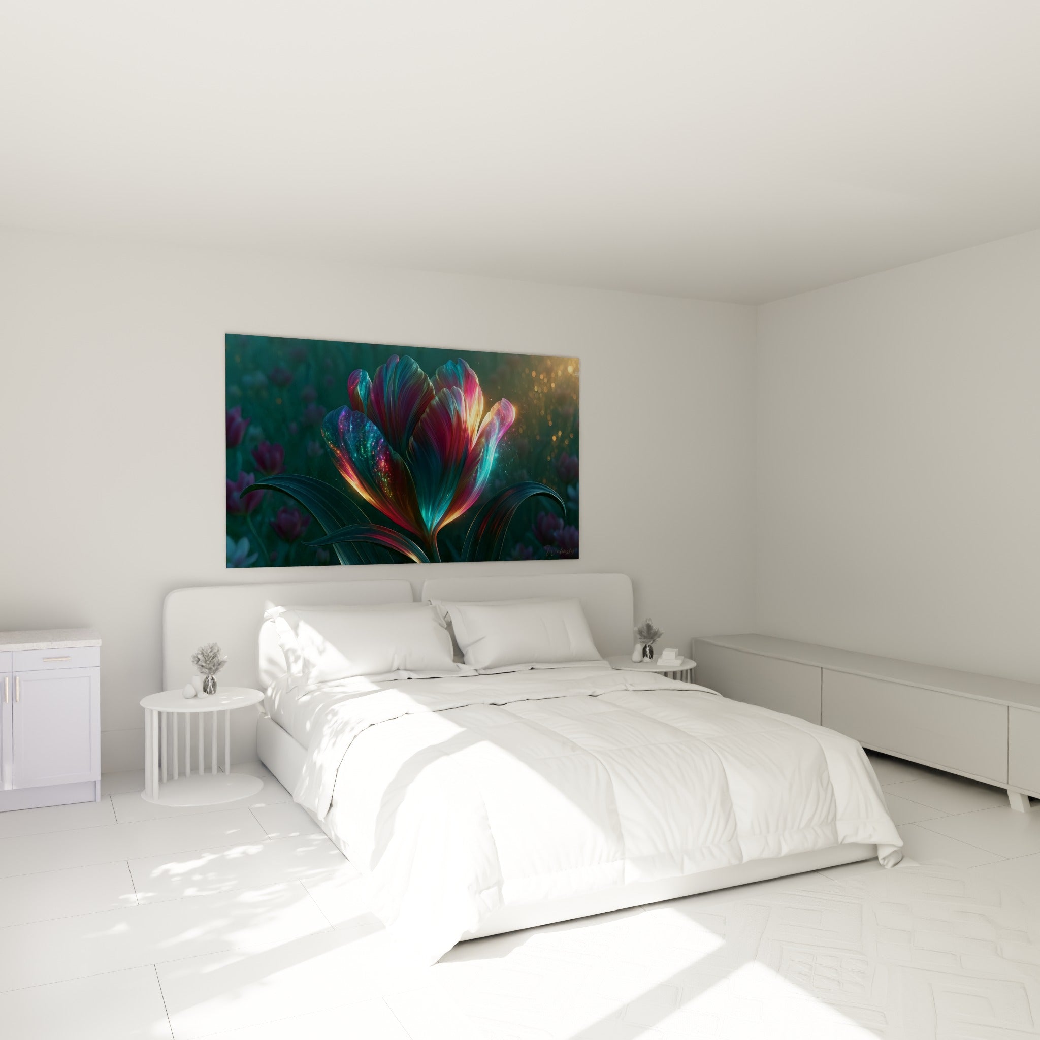 Tulipe scintillante rose et turquoise, pétales lumineux au-dessus d'un lit dans une chambre claire