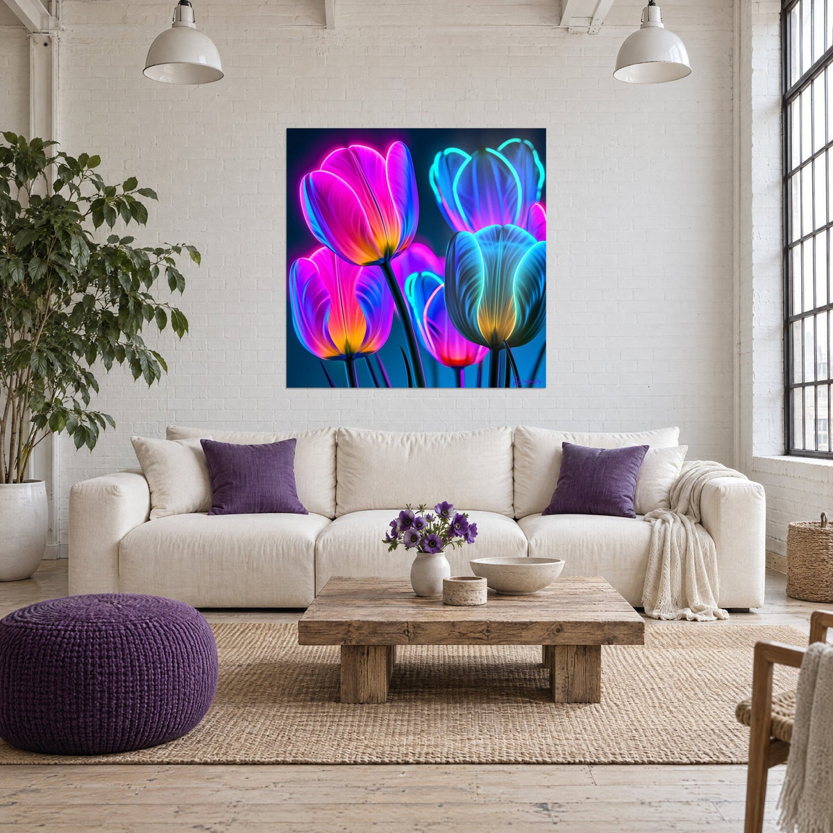 Tableau tulipes fluo magenta et turquoise aux contours lumineux sur fond bleu nuit, au-dessus d'un canapé dans un salon lumineux